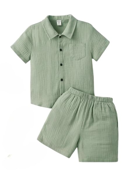 Boys Casual Lightweight Pocket Cotton Blend Printed Shirt and Shorts Set (OPT_1518)