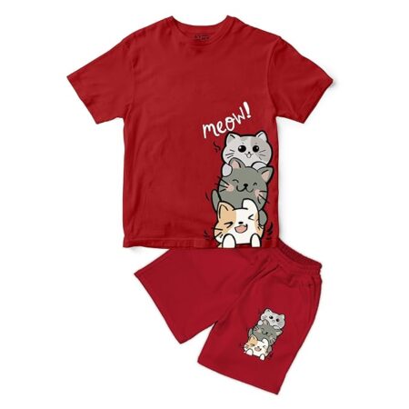 Boys Co ord Clothing set Printed Tshirt & Shorts, 3 Cats Meow Printed Design Half Sleeves Coord (Tshirt and Short) || 100% Pure Soft Cotton ||Girls & Boys || Washable, Breathable, Unisex