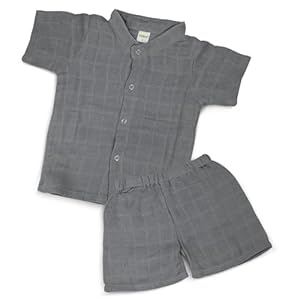 Baby Clothes Muslin Cotton Dress for Kids | Summer Clothing Sets for Babies with Chinese Collar & Press Button | Shirt & Shorts Set | Baby Boy&Girl (Melange Grey, 12-18 Months (XL))