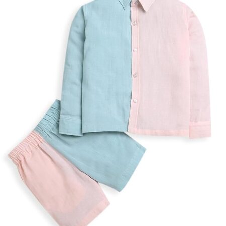 Boys Co-ord Set Pink & Blue Full Sleeves Shirt & Shorts