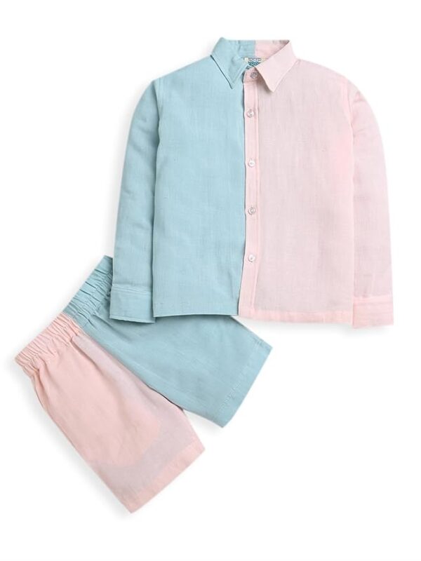 Boys Co-ord Set Pink & Blue Full Sleeves Shirt & Shorts