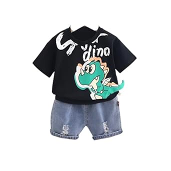 Cotton T-shirt with Bottom Folded Denim Shorts — Clothing Set for Baby Boys | Toddlers | Half Sleeves | Cute Dinosaur Cartoon Printed | Round Neck | Dress for Kids