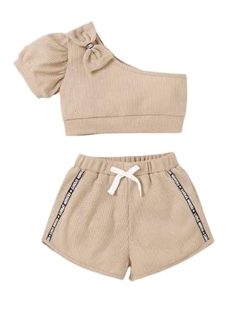 Girls One Shoulder Bow Decor Crop Top & Track Shorts Set Kids Summer Clothes