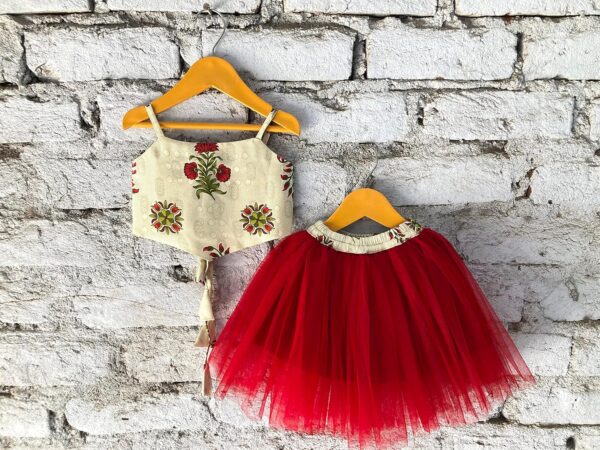 Kid's baby girl's designer Printed cotton Blend crop top and naylon soft net knee lenth skirt clothing set