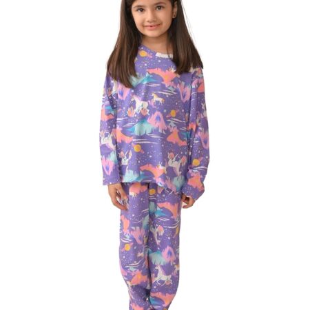 Pure Cotton Printed Pyjama Set for Girls | Sleepwear | Night Suit, Night Wear | Long Sleeves T-Shirt & Pyjama | Regular Wear | 0-14 Years