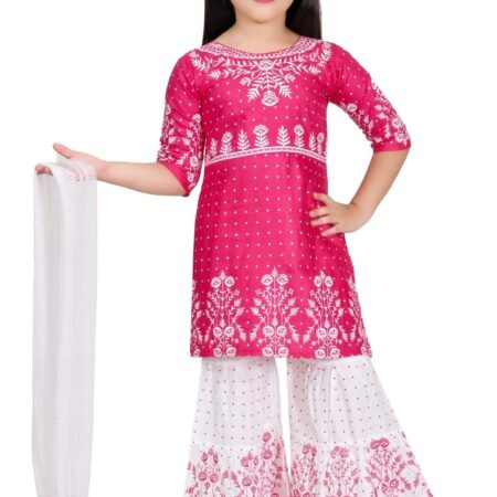 Baby Girls Ethnic Rayon Kurta Sharara Set with Dupatta (Size 2 Year & Up to 10 Year) (5-6 Years, Pink)