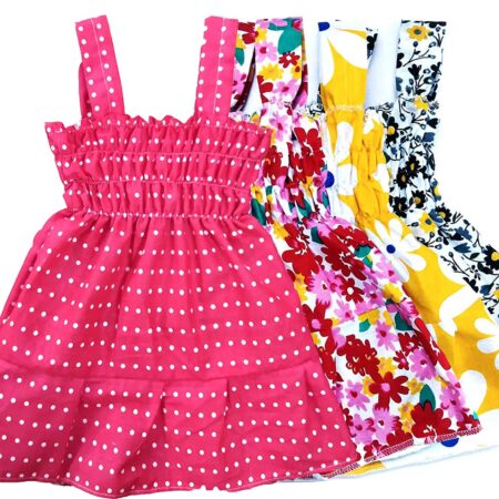 Baby Girl's Fancy Printed Jhabla Knee-Length Frock 100% Cotton (4 pcs Set)