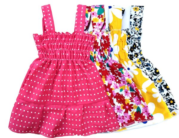 Baby Girl's Fancy Printed Knee-Length Frock 100% Cotton (4 pcs Set)