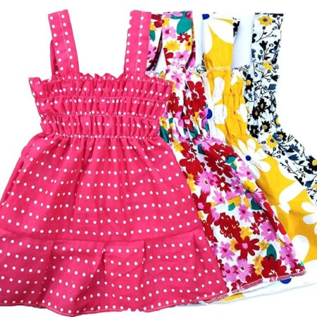 Baby Girl's Fancy Printed Knee-Length Frock 100% Cotton (4 pcs Set)