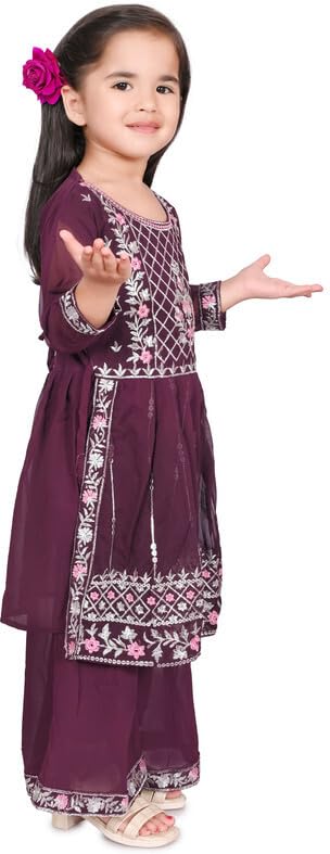 Baby Girls Georgette Regular Fit Embroidered 3/4 Sleeve Ethnic Wear Kurta and Palazzo Set with Elegant Design (SCFM_220)