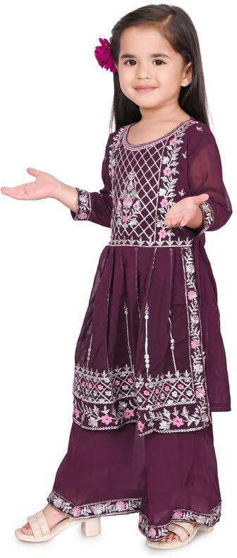Baby Girls Georgette Regular Fit Embroidered 3/4 Sleeve Ethnic Wear Kurta and Palazzo Set with Elegant Design (SCFM_220)