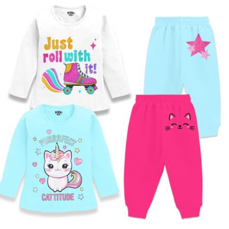 Berry Joy Kids Girls Tshirt and Pyjama Combo Set Pack of 2
