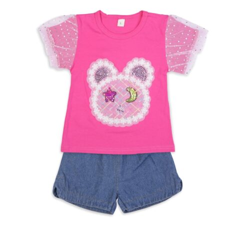 Bold N Elegant Bear Sequin Patch T-shirt & Denim Shorts Cute Set for Infant Toddler Baby Girls