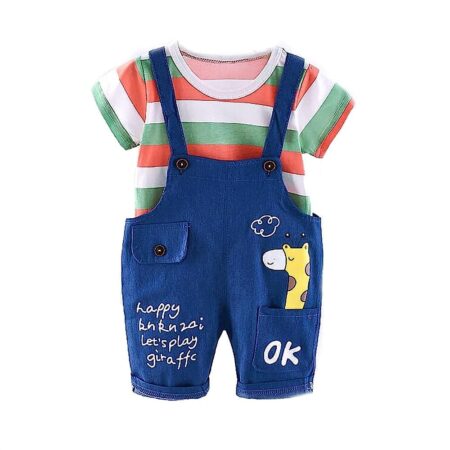 Bold N Elegant Blended Stripe Bear Panda Friends Cute Cartoon Print Half Sleeve Kid's T-Shirt With Dungaree Bibshorts For Baby Boy's & Girl