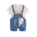 Blended Stripe Bear Panda Friends Cute Cartoon Print Half Sleeve Kid's T-Shirt With Dungaree Bibshorts For Baby Boy's & Girl