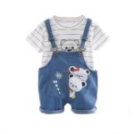 Blended Stripe Bear Panda Friends Cute Cartoon Print Half Sleeve Kid's T-Shirt With Dungaree Bibshorts For Baby Boy's & Girl