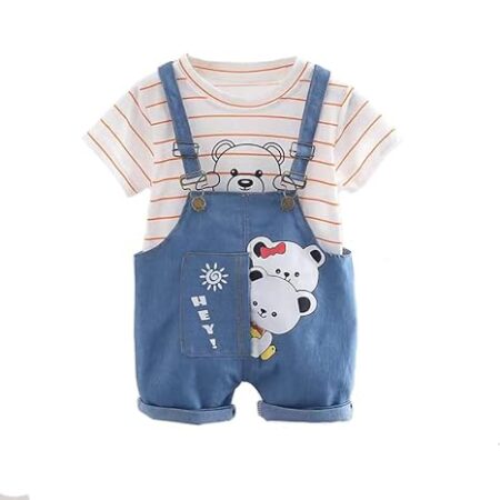 Blended Stripe Bear Panda Friends Cute Cartoon Print Half Sleeve Kid's T-Shirt With Dungaree Bibshorts For Baby Boy's & Girl