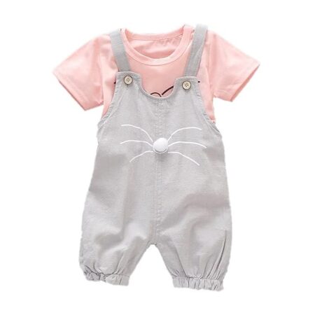 Cotton Blend Half Sleeve Stripe Top T-Shirt With Bib Shorts Dungaree Romper Pinafore Clothing Set For Infant Toddler Baby Girl's
