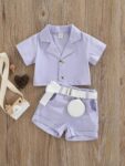 Crop Top Shirt With Shorts Belt And Purse Trendy Party Co-Ord Set Dress For Litle Girl's
