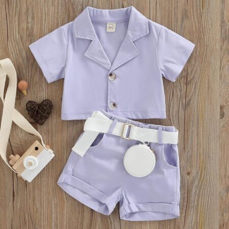 Bold N Elegant Cotton Girl Luxury Western Crop Top Shirt With Shorts Belt And Purse Trendy Party Co-Ord Set Dress For Litle Girl's