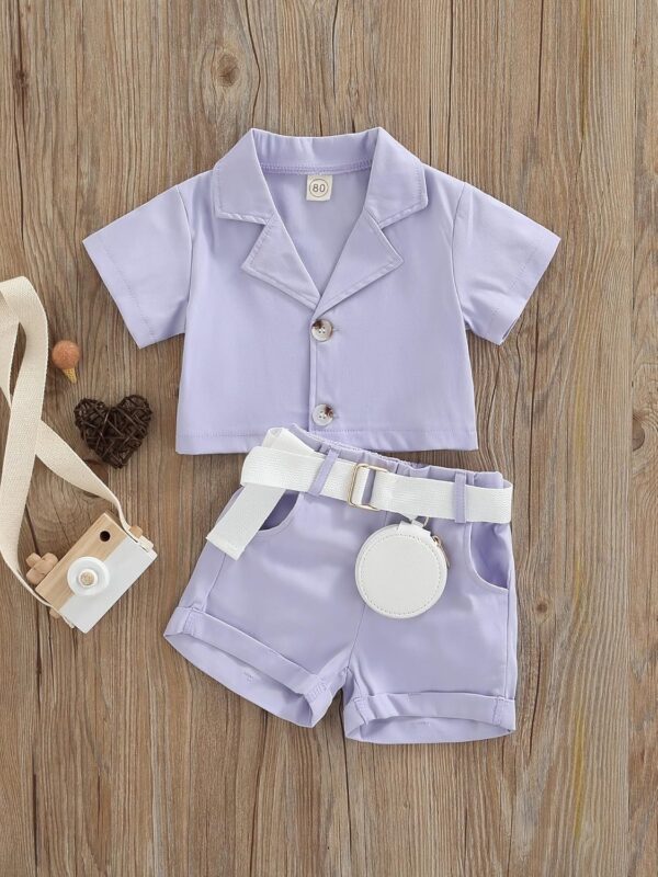 Crop Top Shirt With Shorts Belt And Purse Trendy Party Co-Ord Set Dress For Litle Girl's