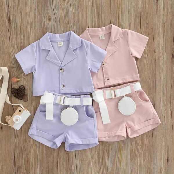 Crop Top Shirt With Shorts Belt And Purse Trendy Party Co-Ord Set Dress For Litle Girl's