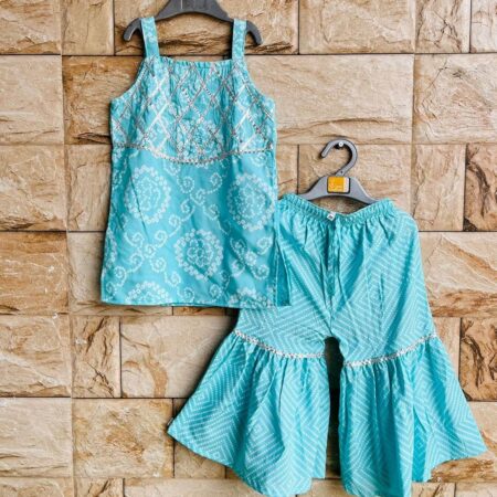 Bold N Elegant Cotton Gota Work Girl's Ethnic Suit Sleeveless Top Kurta With Sharara Palazzo Pant Traditional Clothing Set For Toddler & Tween Girls