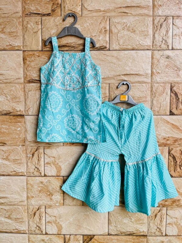 Cotton Gota Work Girl's Ethnic Suit Sleeveless Top Kurta With Sharara Palazzo Pant Traditional Clothing Set For Toddler & Tween Girls