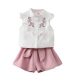 Floral Embroidered Cotton Sleeveless Ruffle Top and Shorts Clothing Set for Infant Toddler Baby Girl