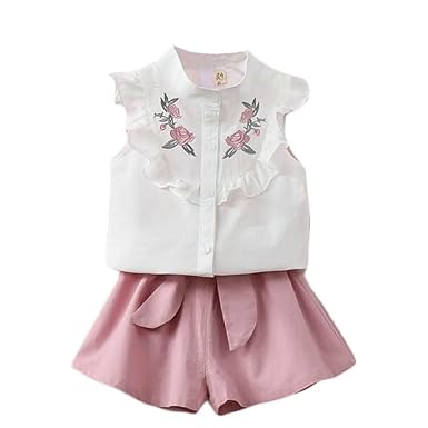 Floral Embroidered Cotton Sleeveless Ruffle Top and Shorts Clothing Set for Infant Toddler Baby Girl