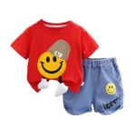 Kid's Playful Happy Face Print Cotton Half Sleeve T-shirt & Denim Shorts Summer Clothing Set for Infant Toddler Boys Girls