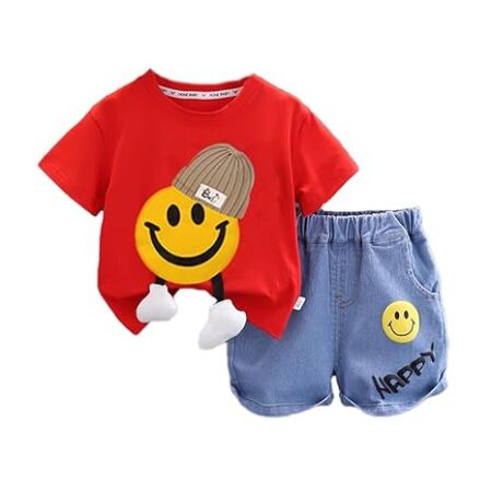 Kid's Playful Happy Face Print Cotton Half Sleeve T-shirt & Denim Shorts Summer Clothing Set for Infant Toddler Boys Girls