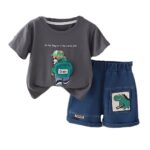 Kid's Playful Happy Face Print Cotton Half Sleeve T-shirt & Denim Shorts Summer Clothing Set for Infant Toddler Boys Girls