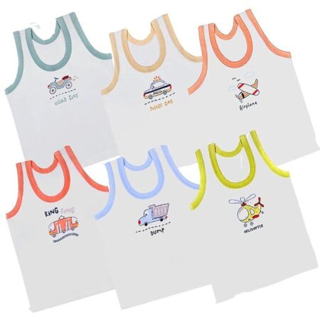 Border white Printed Vest Cotton Inner wear for Baby Girls/Boys Colors Pack of 6