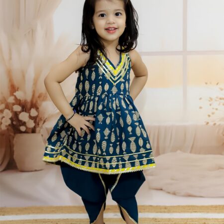 BownBee Halter Neck Pure Cotton Fish Print Kurti with Harem for Girls- (Set of 1) Solid/Printed colorful full length fully stitched regular fit Ethnic wear dress for Kids
