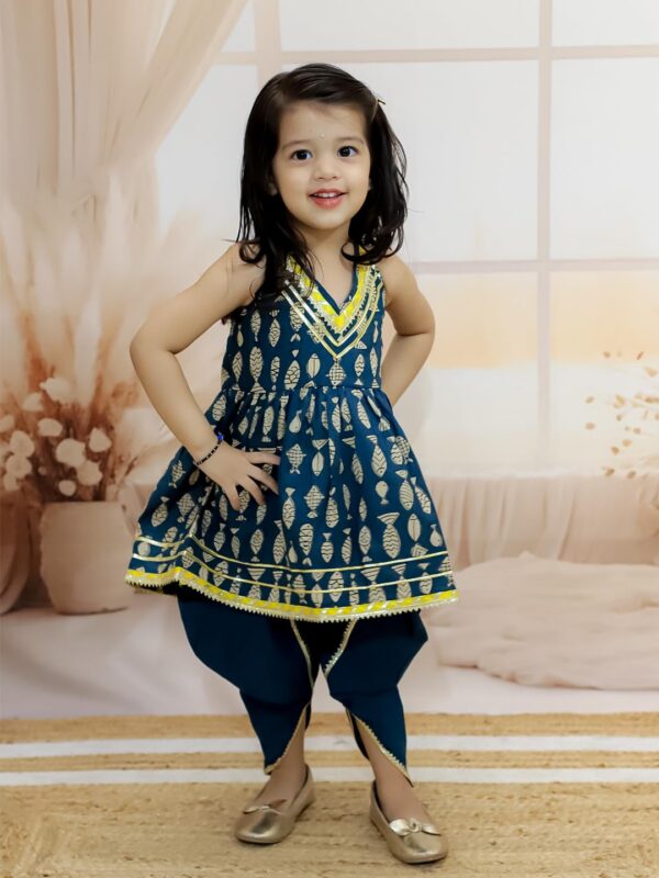 Halter Neck Pure Cotton Fish Print Kurti with Harem for Girls- (Set of 1) Solid/Printed colorful full length fully stitched regular fit Ethnic wear dress for Kids