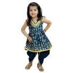 Halter Neck Pure Cotton Fish Print Kurti with Harem for Girls- (Set of 1) Solid/Printed colorful full length fully stitched regular fit Ethnic wear dress for Kids