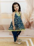 Halter Neck Pure Cotton Fish Print Kurti with Harem for Girls- (Set of 1) Solid/Printed colorful full length fully stitched regular fit Ethnic wear dress for Kids