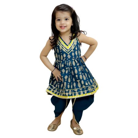 Halter Neck Pure Cotton Fish Print Kurti with Harem for Girls- (Set of 1) Solid/Printed colorful full length fully stitched regular fit Ethnic wear dress for Kids