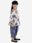 Cotton Blend Baby Girl's Jaipuri Print Frock Style Kurti With Frill Sleeves And Dhoti Style Salwar With Elastic Closure Ethnic Dress Clothing Set