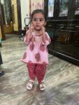Cotton Blend Baby Girl's Jaipuri Print Frock Style Kurti With Frill Sleeves And Dhoti Style Salwar With Elastic Closure Ethnic Dress Clothing Set