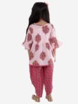 Cotton Blend Baby Girl's Jaipuri Print Frock Style Kurti With Frill Sleeves And Dhoti Style Salwar With Elastic Closure Ethnic Dress Clothing Set