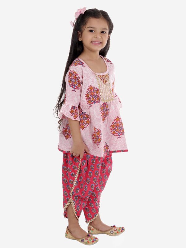 Cotton Blend Baby Girl's Jaipuri Print Frock Style Kurti With Frill Sleeves And Dhoti Style Salwar With Elastic Closure Ethnic Dress Clothing Set