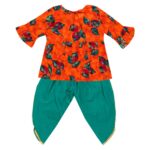 Cotton Blend Baby Girl's Jaipuri Print Frock Style Kurti With Frill Sleeves And Dhoti Style Salwar With Elastic Closure Ethnic Dress Clothing Set
