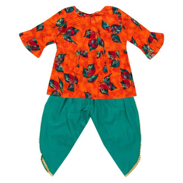 Cotton Blend Baby Girl's Jaipuri Print Frock Style Kurti With Frill Sleeves And Dhoti Style Salwar With Elastic Closure Ethnic Dress Clothing Set