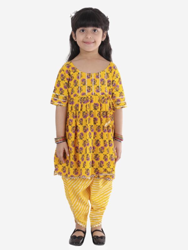 Cotton Blend Baby Girl's Jaipuri Print Frock Style Kurti With Frill Sleeves And Dhoti Style Salwar With Elastic Closure Ethnic Dress Clothing Set