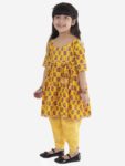 Cotton Blend Baby Girl's Jaipuri Print Frock Style Kurti With Frill Sleeves And Dhoti Style Salwar With Elastic Closure Ethnic Dress Clothing Set