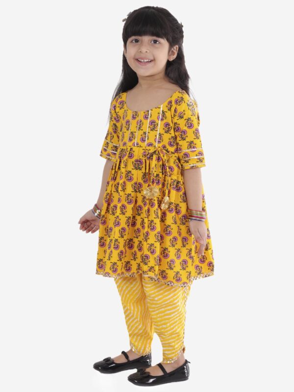 Cotton Blend Baby Girl's Jaipuri Print Frock Style Kurti With Frill Sleeves And Dhoti Style Salwar With Elastic Closure Ethnic Dress Clothing Set