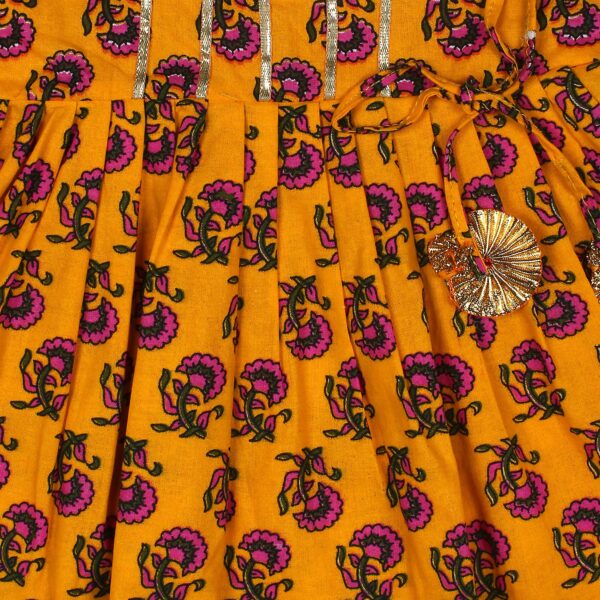 Cotton Blend Baby Girl's Jaipuri Print Frock Style Kurti With Frill Sleeves And Dhoti Style Salwar With Elastic Closure Ethnic Dress Clothing Set