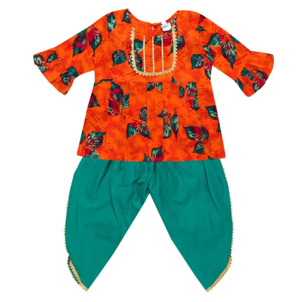 Cotton Blend Baby Girl's Jaipuri Print Frock Style Kurti With Frill Sleeves And Dhoti Style Salwar With Elastic Closure Ethnic Dress Clothing Set